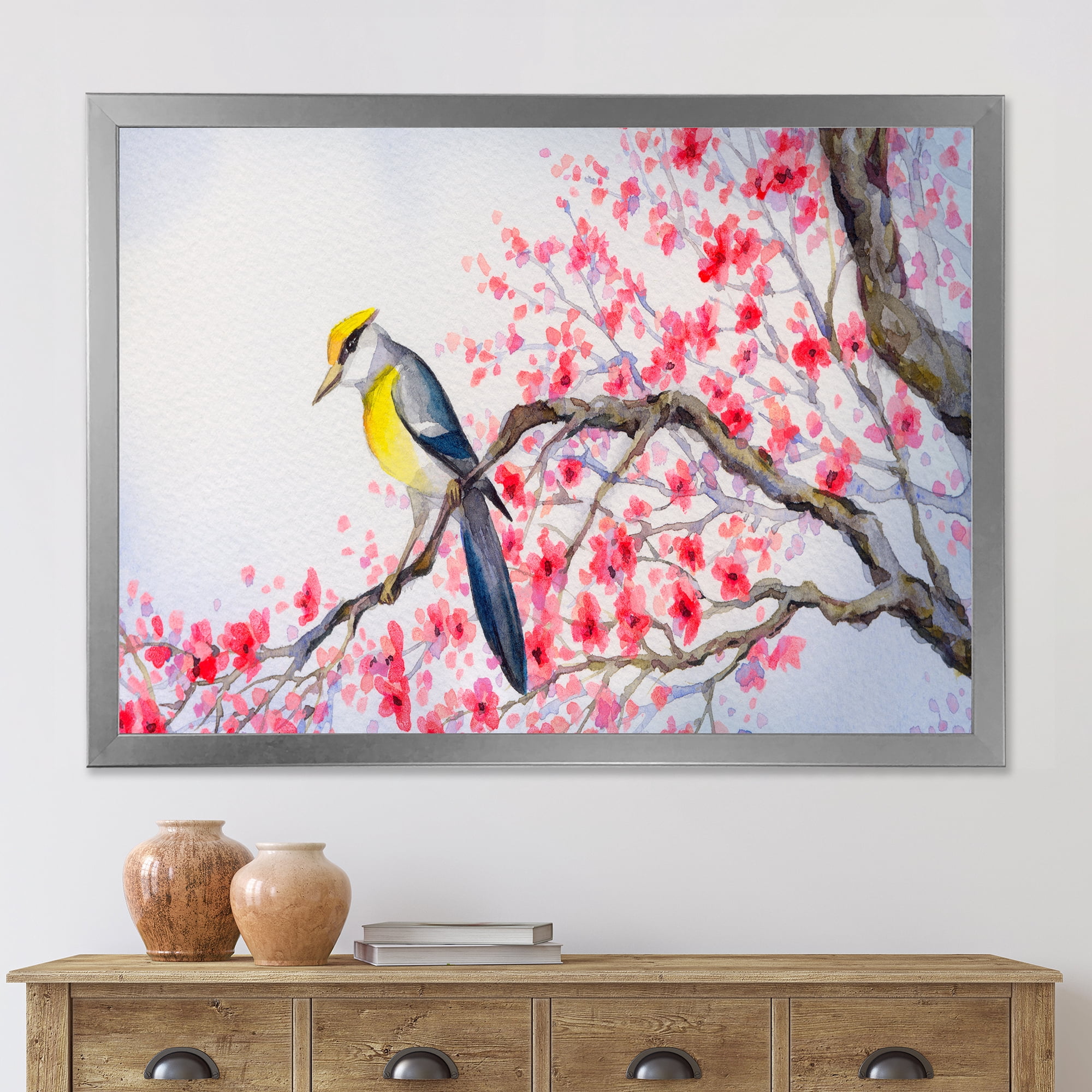 Beautiful Red Bird Sitting On Flowering Branch II 20 in x 12 in Framed Painting Canvas Art Print, by Designart