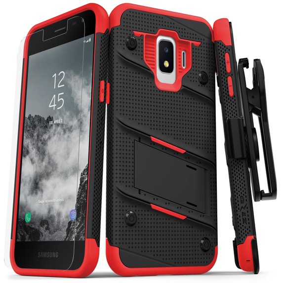 ZIZO BOLT Series Samsung Galaxy J2 Case Military Grade Drop Tested with Tempered Glass Screen Protector Holster J2 Pure Black Red