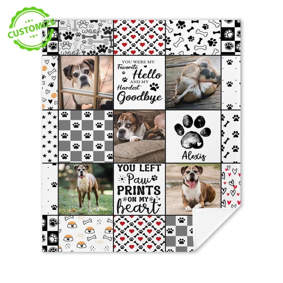 Customizaholic Pet Memorial Blanket – Personalized Photo Collage & Paw Print Name – Favorite Hello Hardest Goodbye Dog Loss Sympathy Gift
