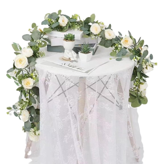 6ft Artificial Eucalyptus Flower Garland with 7 White Roses, Decorative Greenery Vine for Wedding Table, Centerpiece, Arch, Party Backdrop and Home Display, White