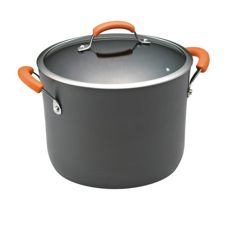 Rachael Ray Hard-Anodized Nonstick 10-Quart Covered Stockpot, Gray with Orange Handles