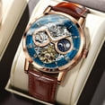 thumbnail image 3 of OLEVS Automatic Watches for Men Mechanical Self Winding Skeleton Moon Phase Dress Luxury Brown Black Leather Roma Rumerals Waterproof Luminous Mens Wrist Watches Reloj Para Hombre Red/Blue/White, 3 of 15