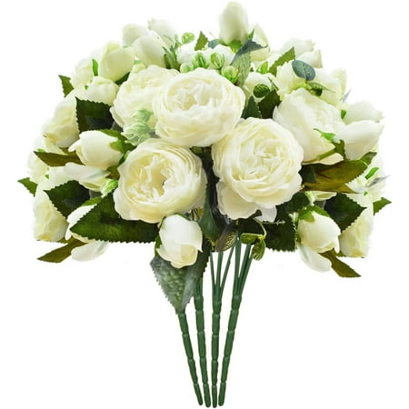 Fakes Flowers Peonies Silk Bouquet Artificial Faked Flowers for Home Wedding Decoration Cream Color  4pcs Peony Artificial Flowers Meterial:90% silk 10% plastic. . One peony bouquet has 5 stems 5 flowers and 4 buds 12 leaves. Flower Size: Each peony diameter approx 2.5  H x 1.8  W total length approx 12.5   . . The stem is made of plastic with steel inside. You can bend and cut it whatever you like to fit in your vase. . They are perfect for making wedding bouquets  centerpieces  party decoration or any other flower arrangements that you need.