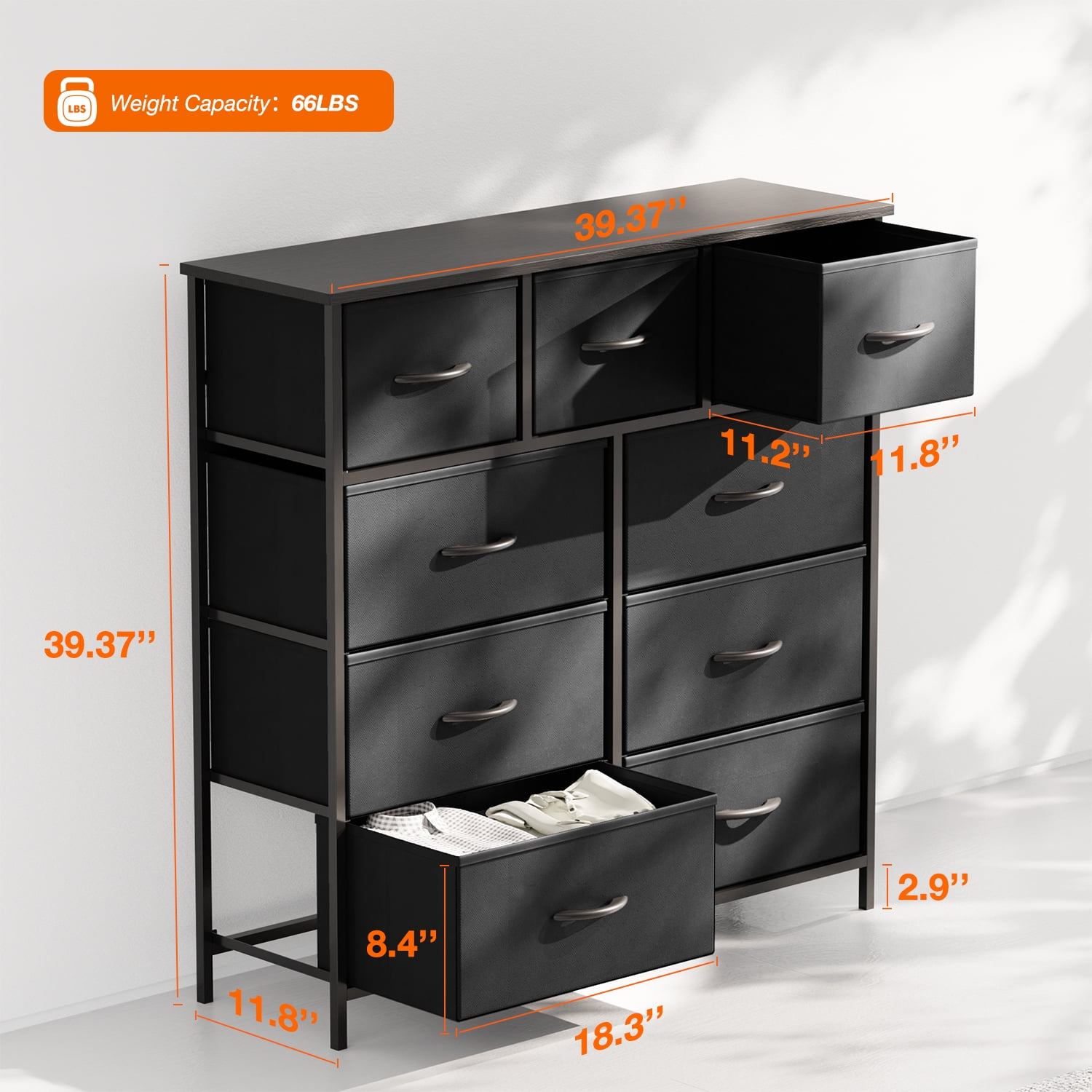 edx 9 Drawer Fabric Dresser for Bedroom, Chest of Drawer Organizer Storage Cabinet for Closet, Entryway, Black