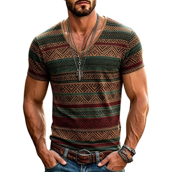 XIAONU Men's Aztec Pattern V-Neck T-Shirt Slim-Fit Bohemian Casual Everyday Short-Sleeve Tee