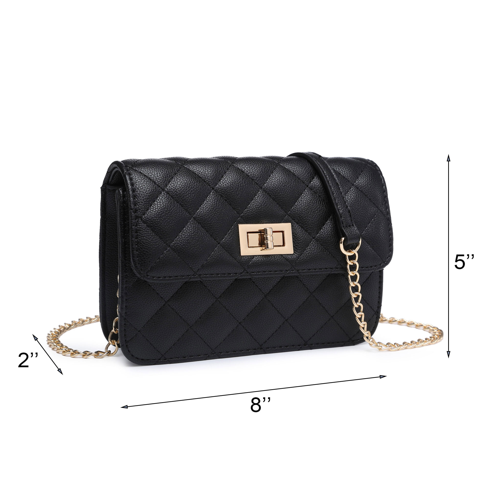 Poppy Women's Classic Quilted Shoulder Bag & Wallet Set Vagan Leather Metal Chain  Strap Tote Handbag Purse 2Pcs-Black 