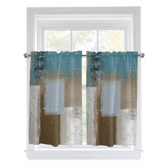 Tier Curtains 45 Inches Long, Teal Blue Window Treatment Curtain Drapes, Brown White Minimalist Retro Smear Ombre Art Window Half Privacy Curtains for Bedroom Bathroom, 42"x45", 2 Panels