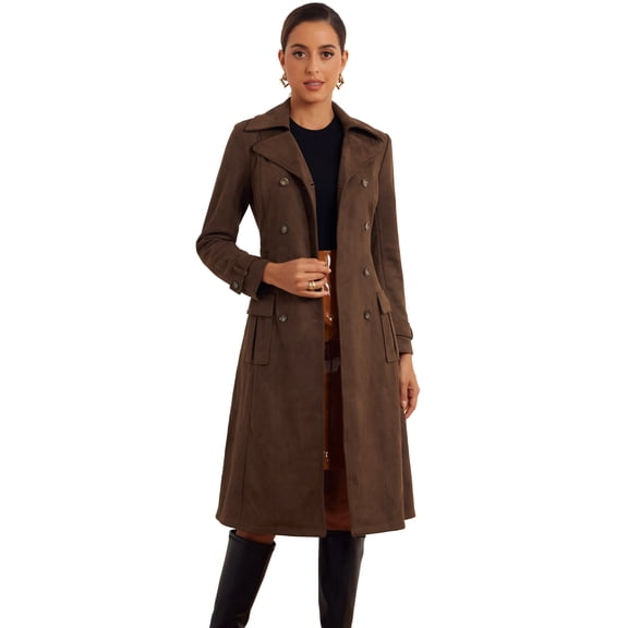DARING DIVA Women's Long Faux Suede Jacket Women Fall Winter Trench Coat with Pockets XS Dark Coffee