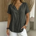 thumbnail image 4 of QUNYINEY Summer Womens Short Sleeve Tops Cotton Linen V Neck T-Shirts Solid Button Loose Fit Pullover Casual Tops, 4 of 6