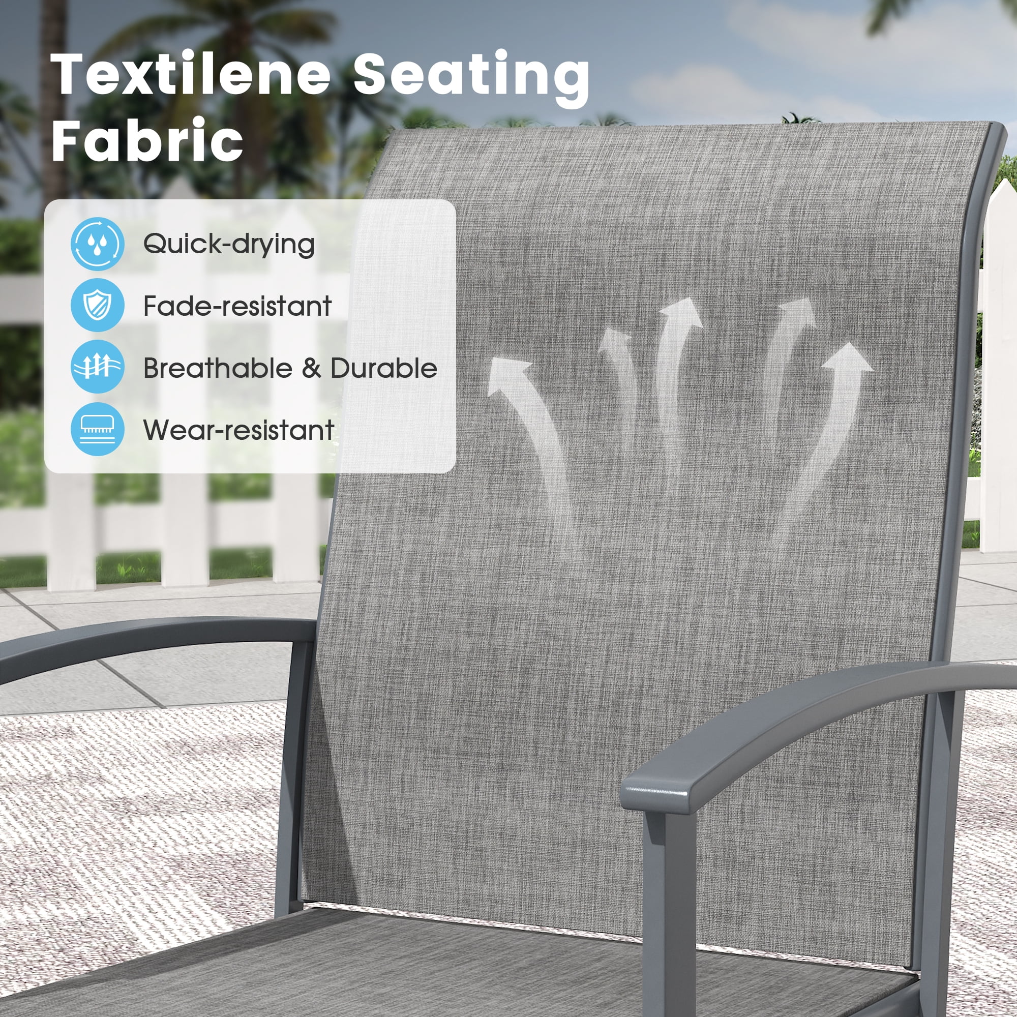 DIFY 7PCS Patio Dining Furniture Set, 50" Round Slatted Table and 6 Swivel Textilene Chairs