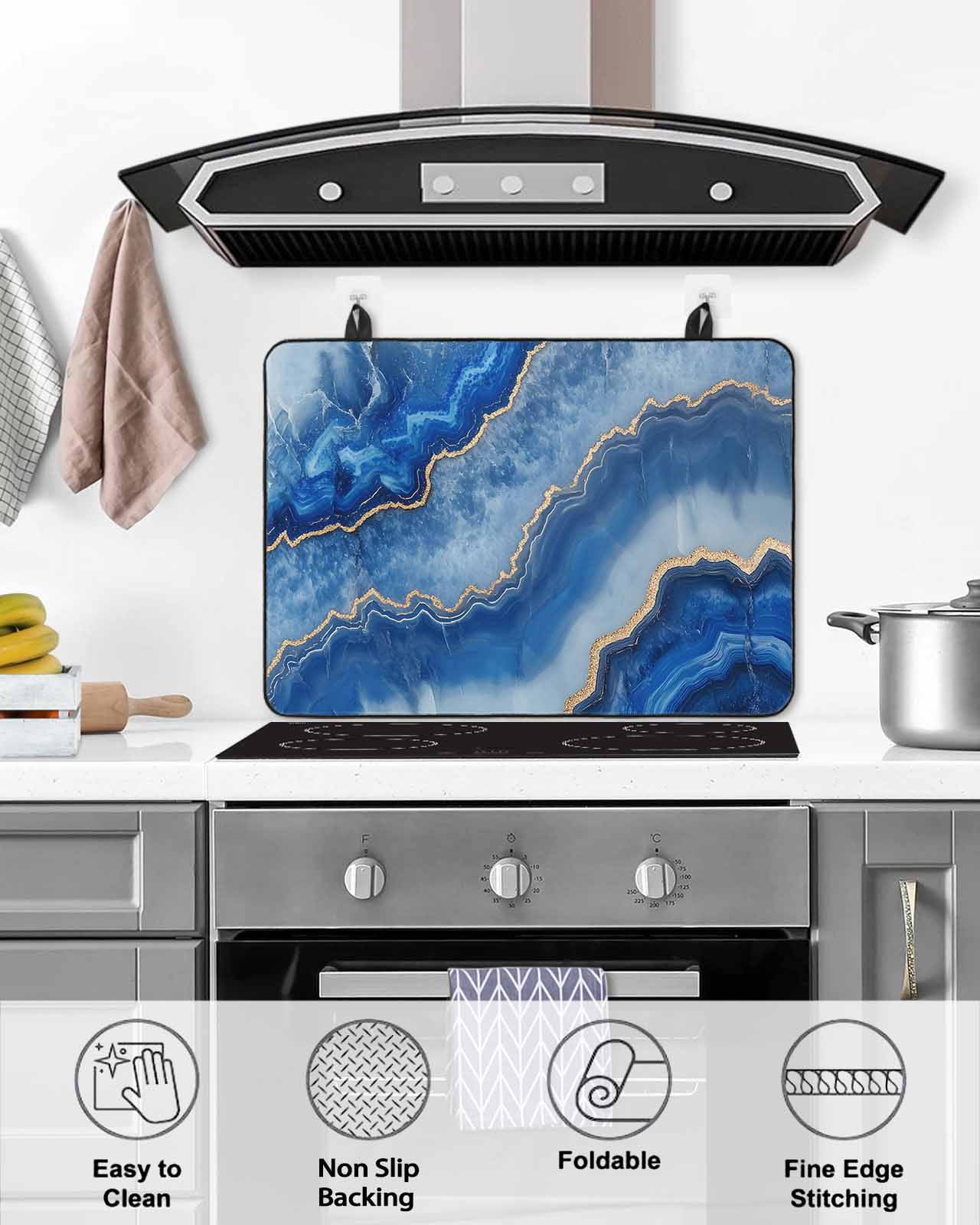 nqOlkjepod Large Induction Cooktop Protector Mat 28.5"x20.5", Blue Marble Stove Top Covers for Electric Stove, Modern Luxury Granite Surface Motif Sketch Stove Burner Cover Mats Stove Cover