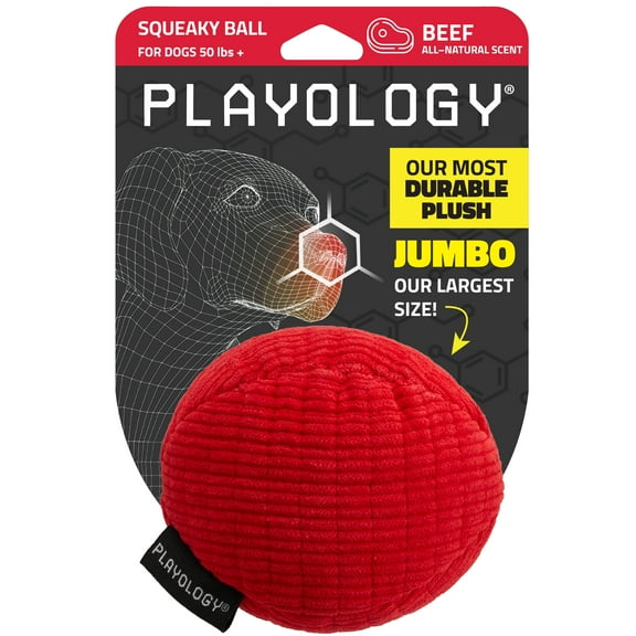 Playology Dog Toys | Plush Squeaky Ball, Beef Scented Toy - Jumbo