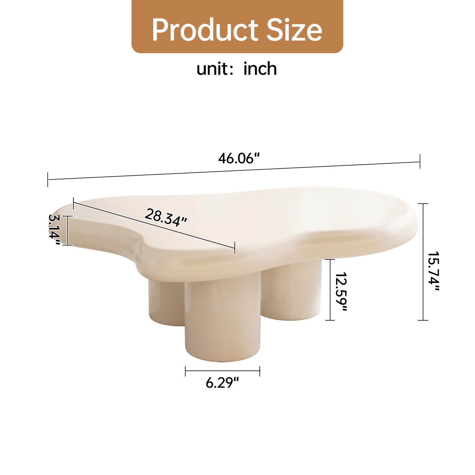 Guyii Cloud Coffee Table, Irregular Coffee Table for Living Room with 3 Legs, White 46.06 Inch