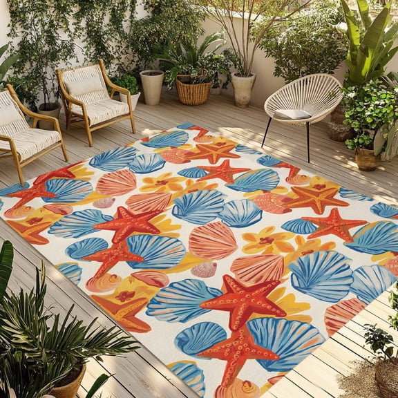Fsddascl Orange Flower Retro Outdoor Rug for Patio/Deck/Porch, Non-Slip Large Area Rug 4 x 6 Ft, Summer Blue Conch Ocean Coastal Indoor Outdoor Rugs Washable Area Rugs, Reversible Camping Rug Carpet