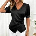 thumbnail image 6 of Pounoo Women's Tops Satin V-Neck Wrap Front Short Sleeve Blouses Elegant Office Vibe Lightweight Stretchy Slim Fit Outfits Gift, 6 of 7