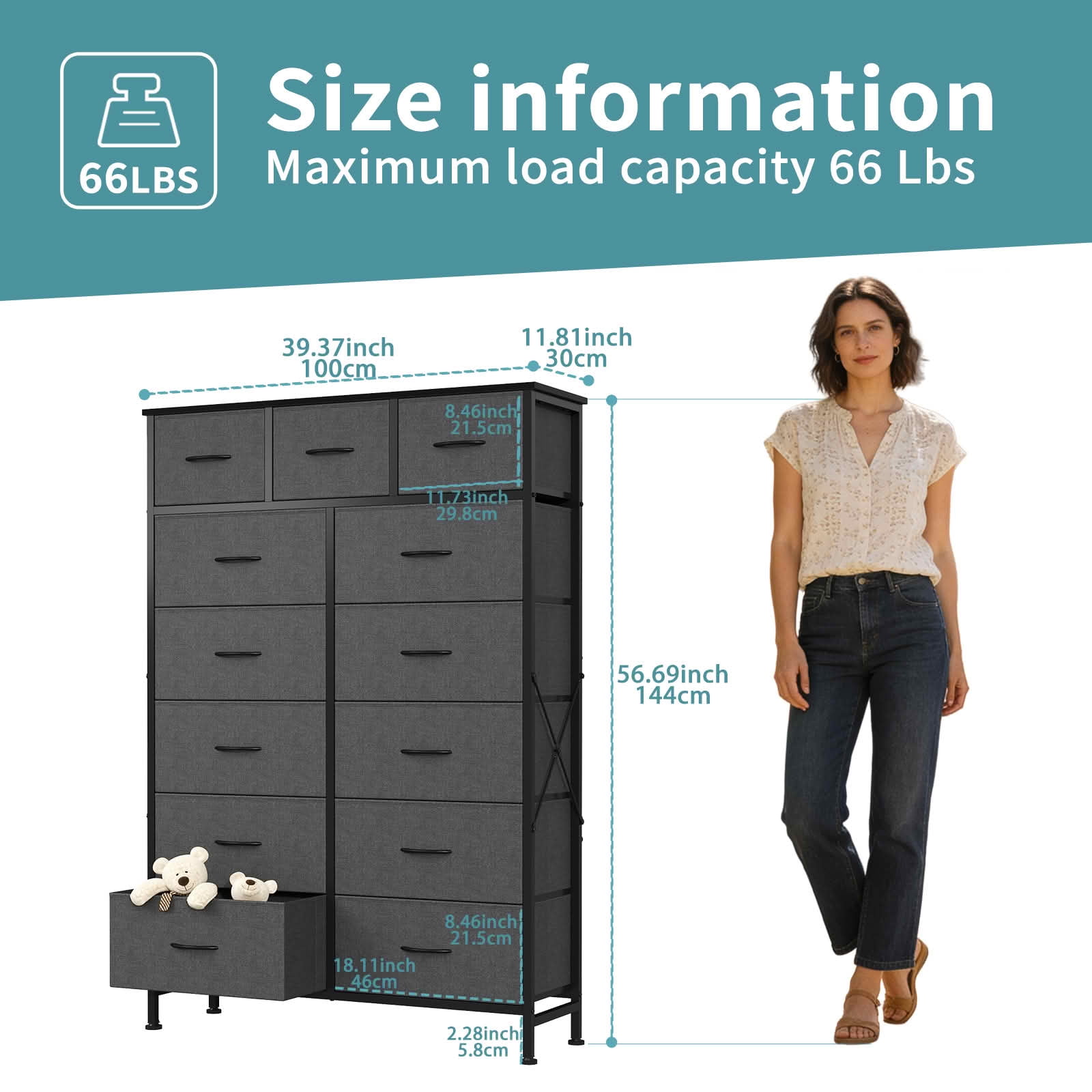 MAYEERTY 56.7-Inch Tall 13-Drawer Fabric Storage Tower, Sturdy Organizer Cabinet