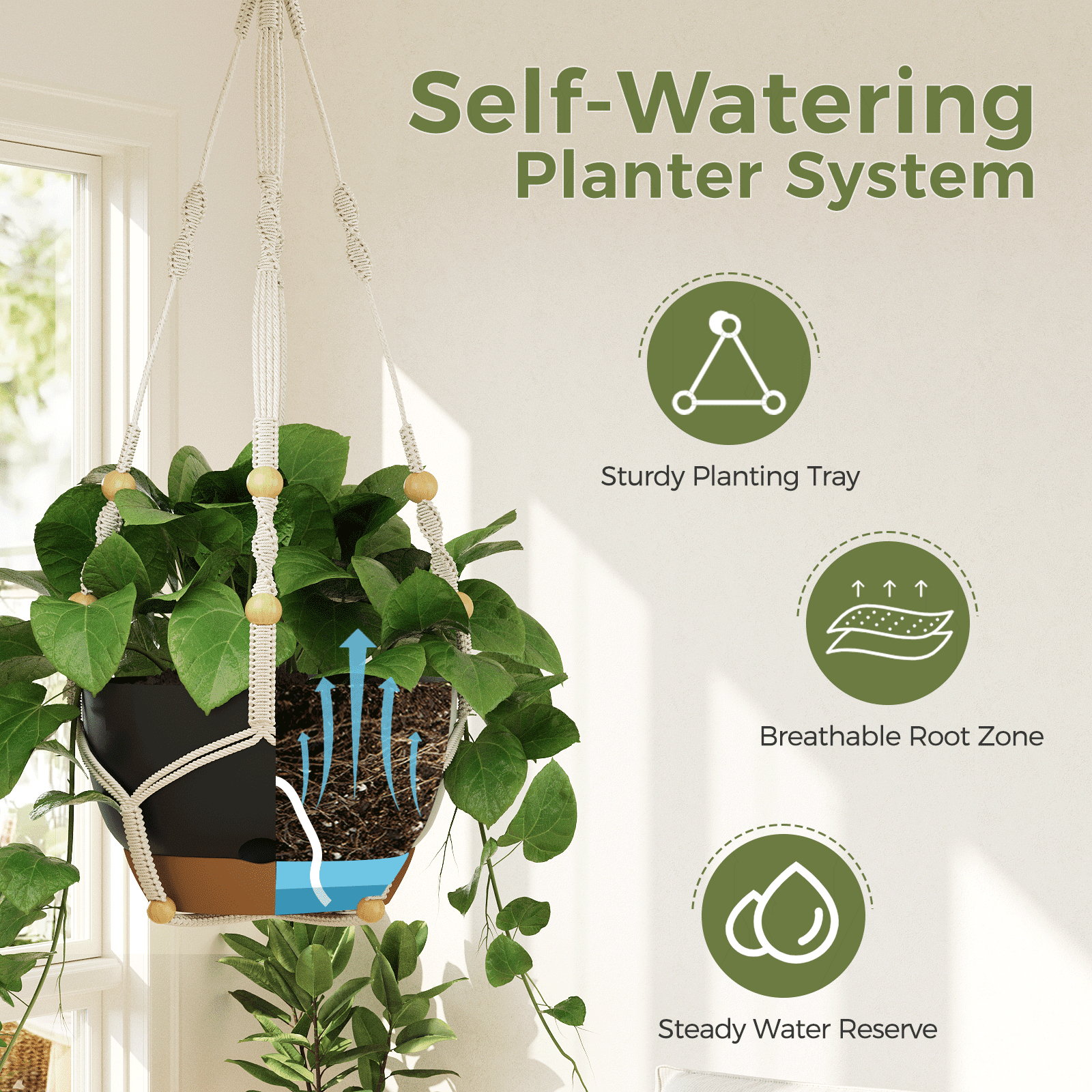 10 inch Plant Pot Hanging Planters Self Watering Pots for Indoor Plants, 3 Pack Plastic Hanging Basket with Removable Tray for Home Garden Porch Balcony Patio Decor,black