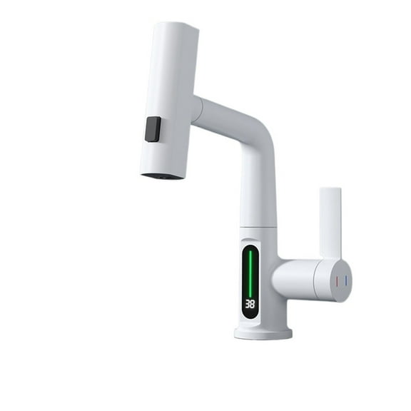 Waterfall Pull Out Kitchen Faucet, White Intelligent Digital Display Cold Hot Mixer Taps, Rotatable Sink Lifting Basin Faucet ,Easy to Install