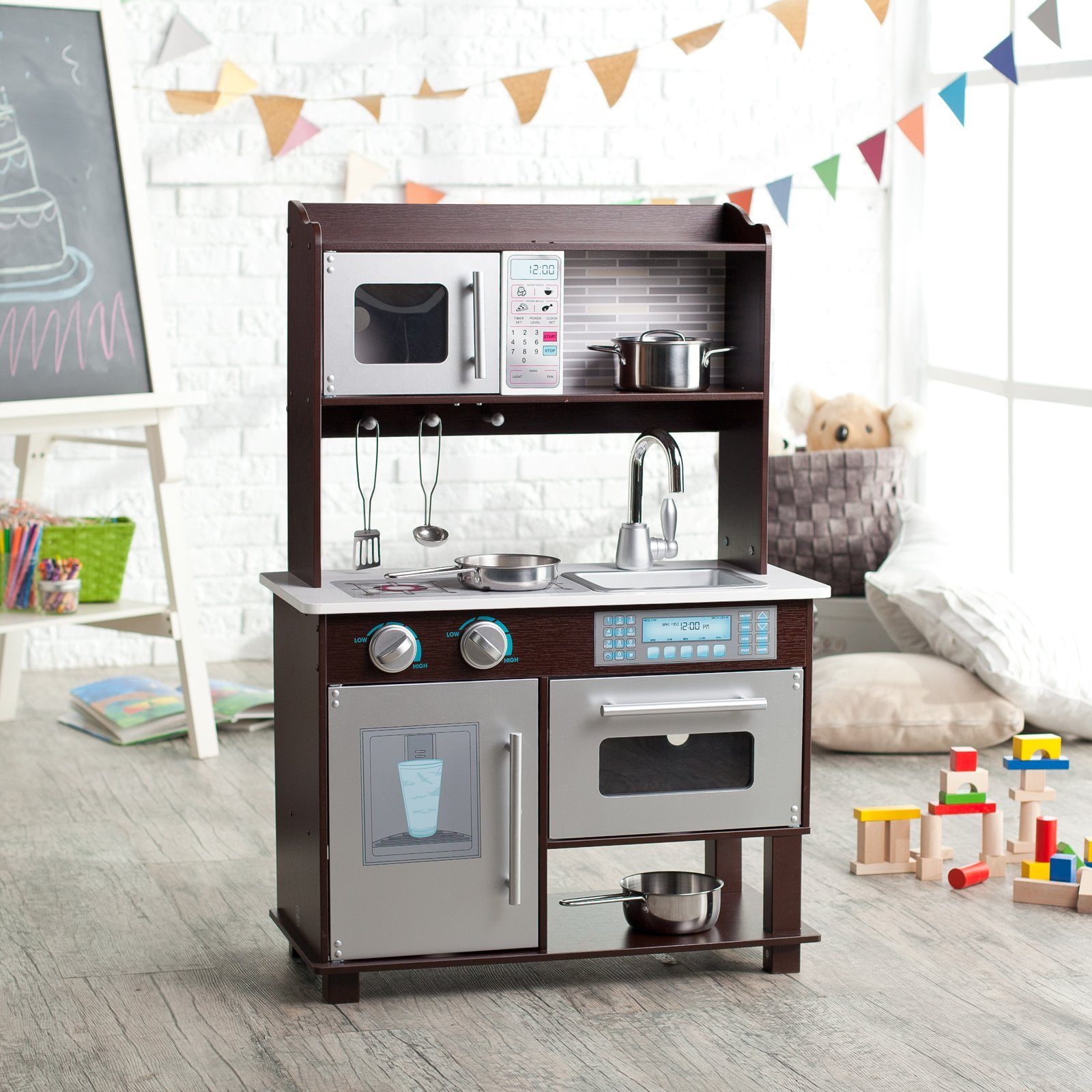 KidKraft Espresso Toddler Play Kitchen With Metal Accessory Set