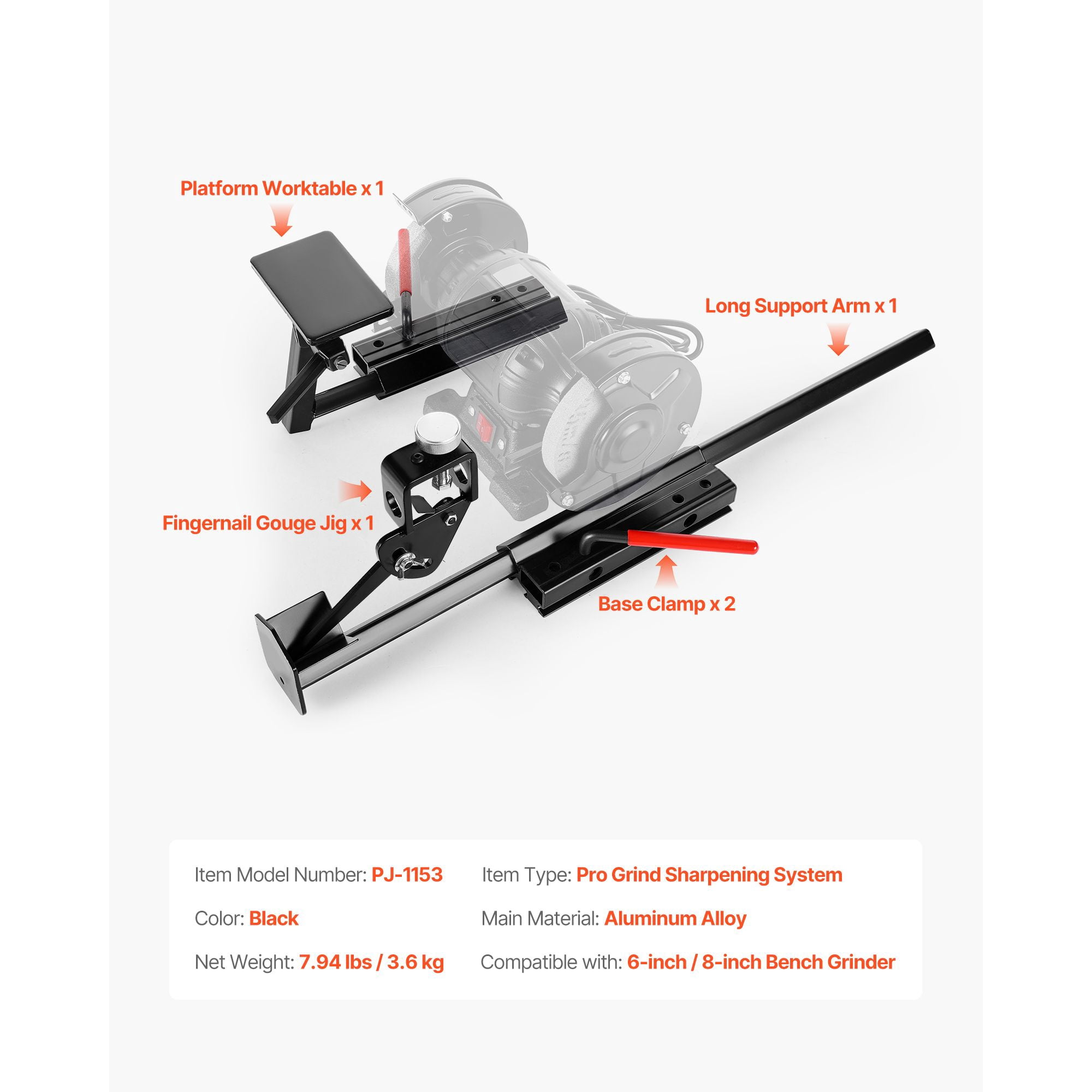 Multi-Grind Sharpening Kit with Platform Worktable, Long Support Arm, Fingernail Gouge Jig, for 6" & 8" Bench Grinders