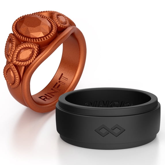 Rinfit Silicone Rings for Women & Men - Couple Sets Rubber Wedding Bands - Infinity Black & Diamond Oval Copper