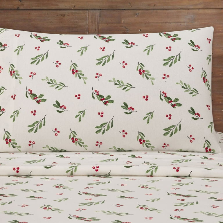 Mainstays 4 Piece Flannel Sheet Set Red and Green Holly Full