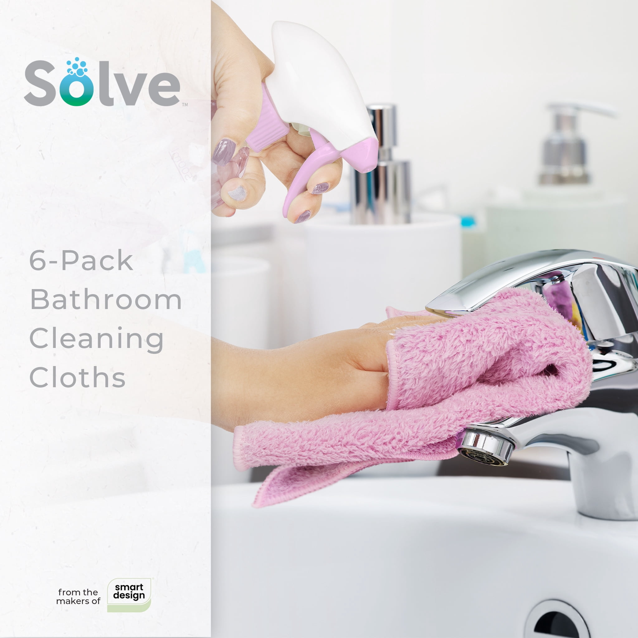 Solve™ Bathroom Cleaning Cloths, Pink, Double-Sided Microfiber Cleaning Wipes, Lint-Free and Reusable, Set of 6
