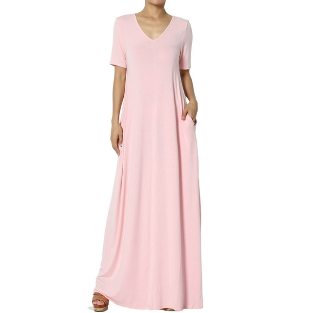 TheMogan Robe Maxi Surdimensionnée en Jersey Doux pour Femmes, Col en V, Manches Courtes avec Poche