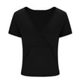 thumbnail image 5 of Stylish Olyvenn Women's Short Sleeve Deep V Neck Cross Wrap Crop Surplice Top Summer Fashion Solid Slim Blouse Shirts Black XL, 5 of 7