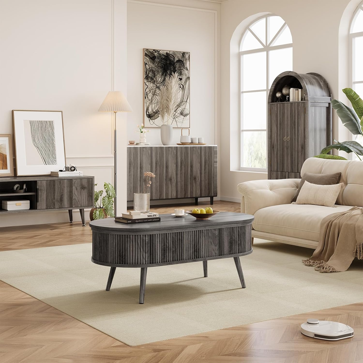 SELOOYE 39.4" Mid Century Oval Coffee Table, Fluted Center Table with Lift Top, Modern Dining Table with Storage for Living Room Home Office, Gray