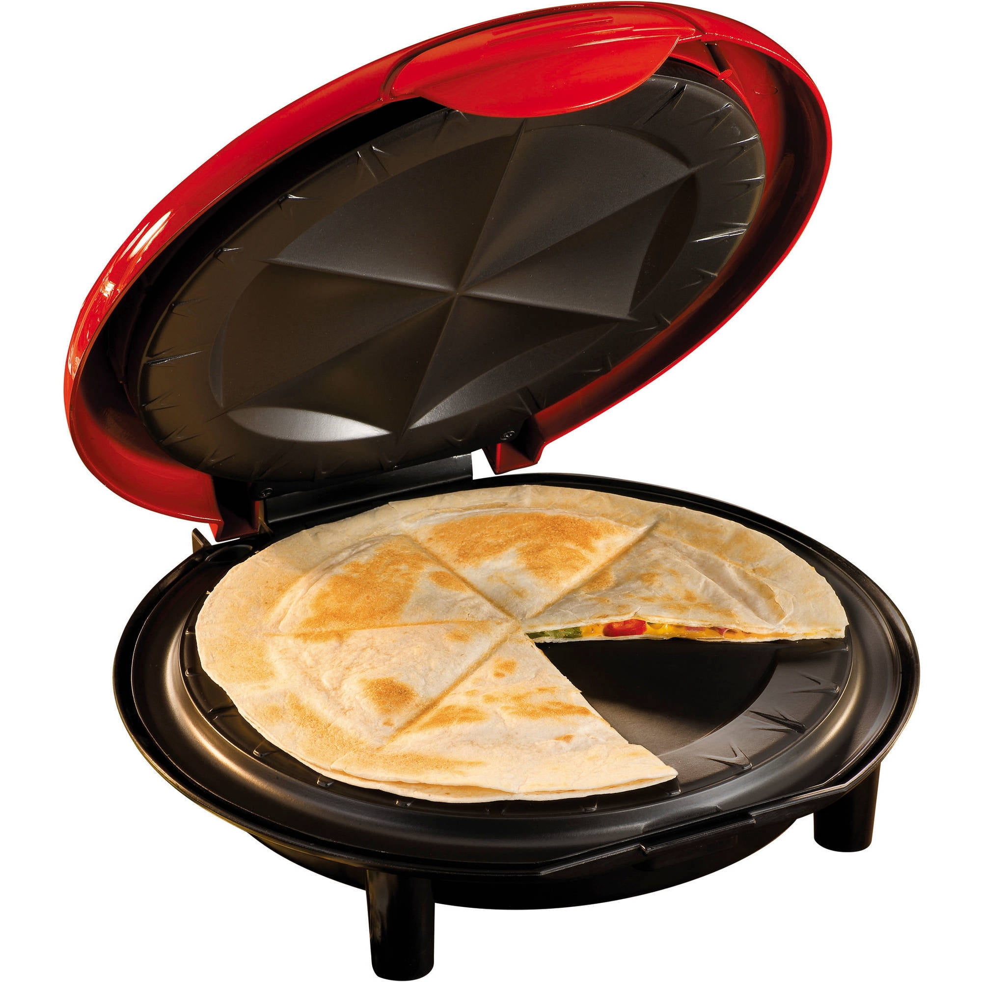 Nostalgia 6-Wedge Electric Quesadilla Maker with Removable Tray and Extra Stuffing Latch, 8-Inch, Red
