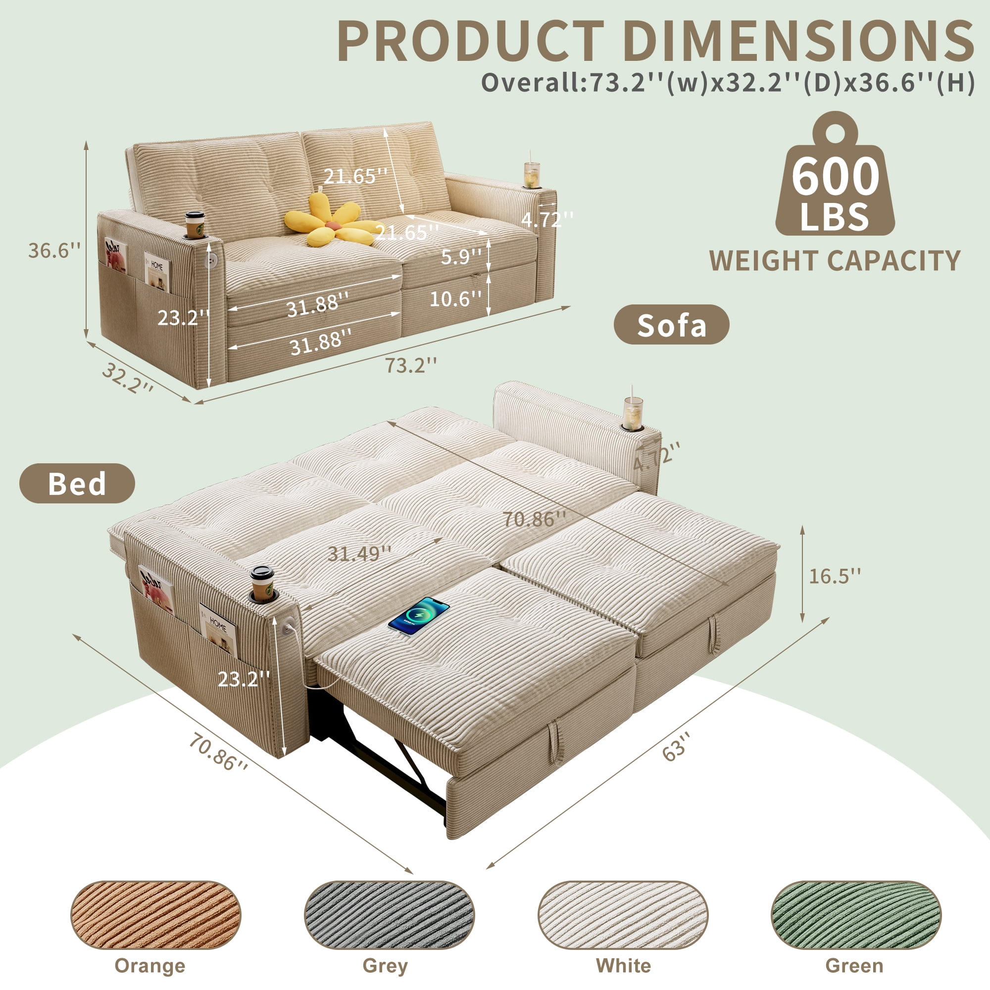 3-in-1 Multi-Functional Sleeper Sofa Bed, Upholstered Corduroy Convertible Loveseat Lounge, Indoor Daybed for Living Rooms/Bedrooms