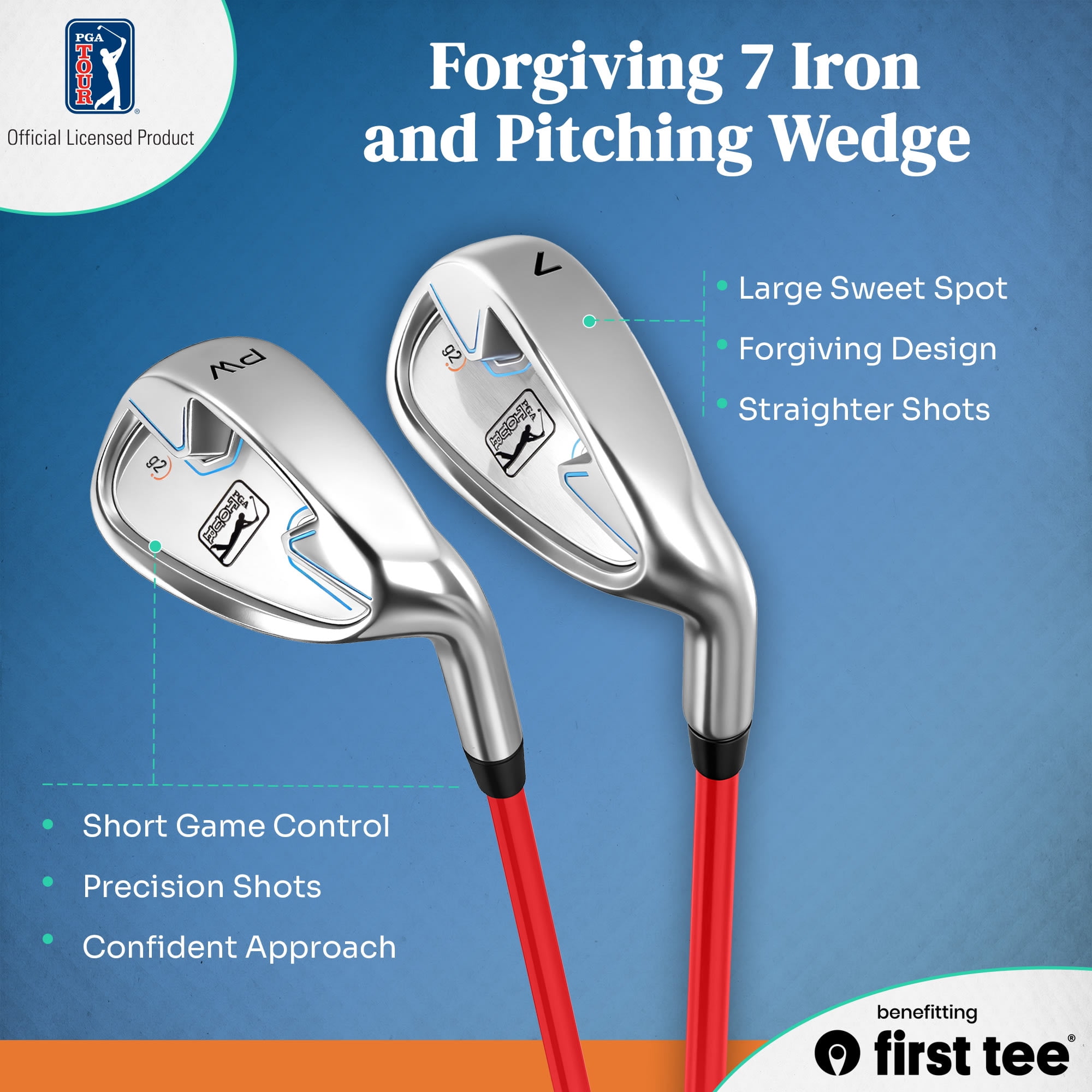 PGA TOUR x First Tee Junior Golf Club Set with Stand Bag, 7-Piece, Right-Handed, Kids Heights 4'8" to 5'3", Red
