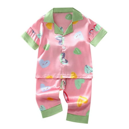 

Unisex Kid Girls Boys Silk Pajamas Set Satin Short Sleeve Pajamas 2 Piece Button Down Cute Print Sleepwear Receiving Baby Girl Clothes