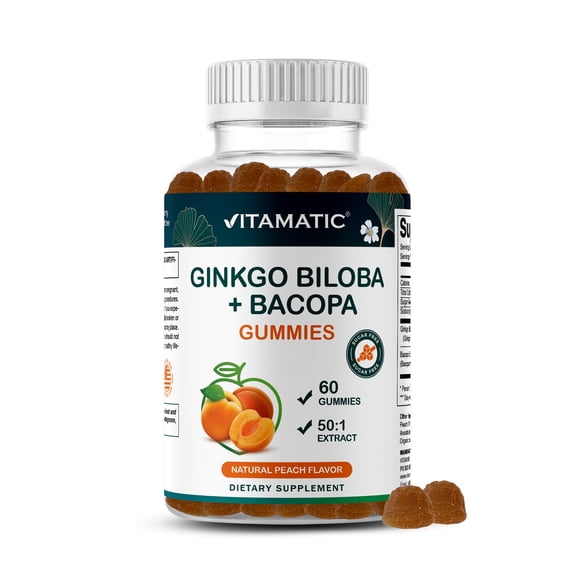 Vitamatic Ginkgo Biloba & Bacopa Gummies – Plant-Based Botanical Extract – Natural Peach Flavor – Vegan, Non-GMO, Gluten-Free – Herbal Supplement – 60 Count