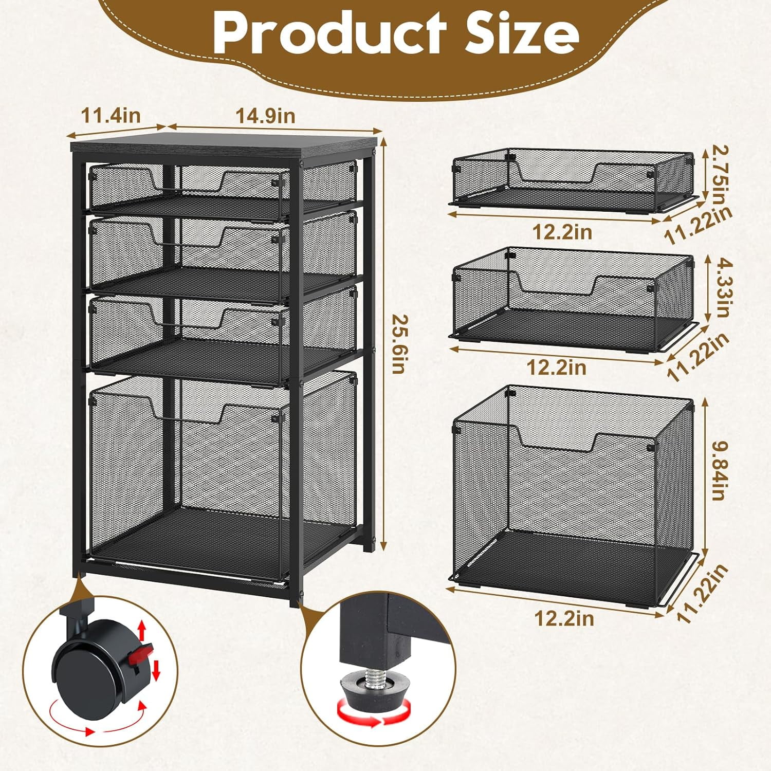 Xcosrack 4-Drawer Rolling File Cabinet, Mobile Under Desk Storage Cart with Wood Top & Steel Frame, Letter Size Hanging File Organizer for Home Office, Black