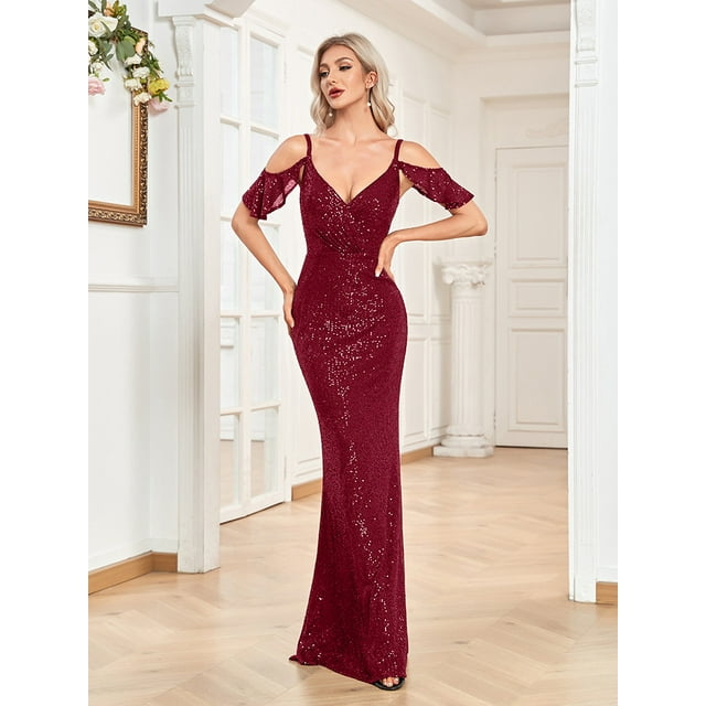 Robe de Mariage Robes d'Invité de Mariage pour Femmes Robe de Banquet à Manches Courtes Col en V Queue de Poisson Robe de Soirée Projecteur Robe de Fête
