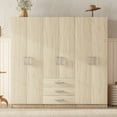 thumbnail image 2 of 6-Doors Wooden Wardrobe for Bedroom, Freestanding Clothing Storage Cabinet with 3 Big Drawers, Modern Large Wood Closets with Hanging Rod,  Brown, 2 of 8