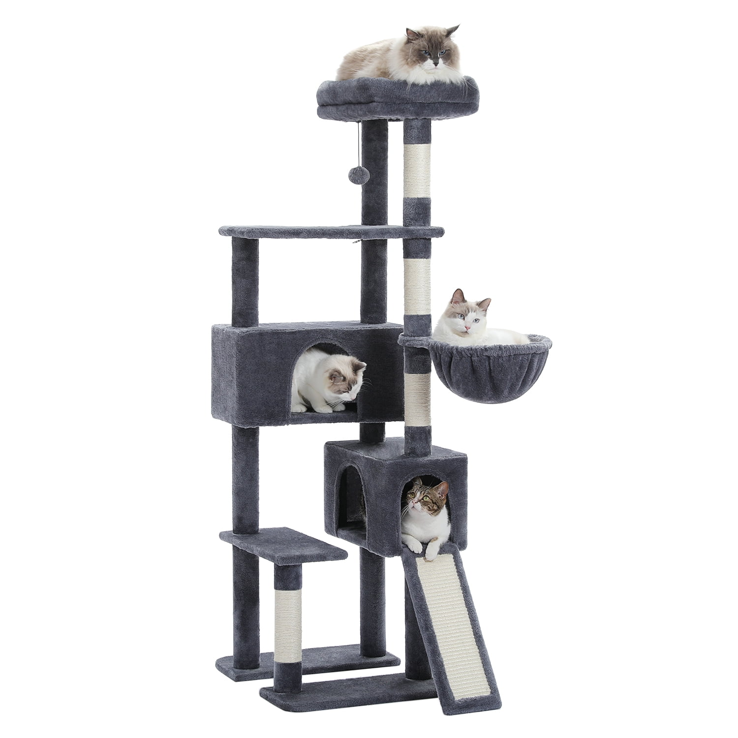 PEQULTI 61" Modern Cat Tree Large Cat Tower with Ladder and Dual Condos Indoor Dark Gray
