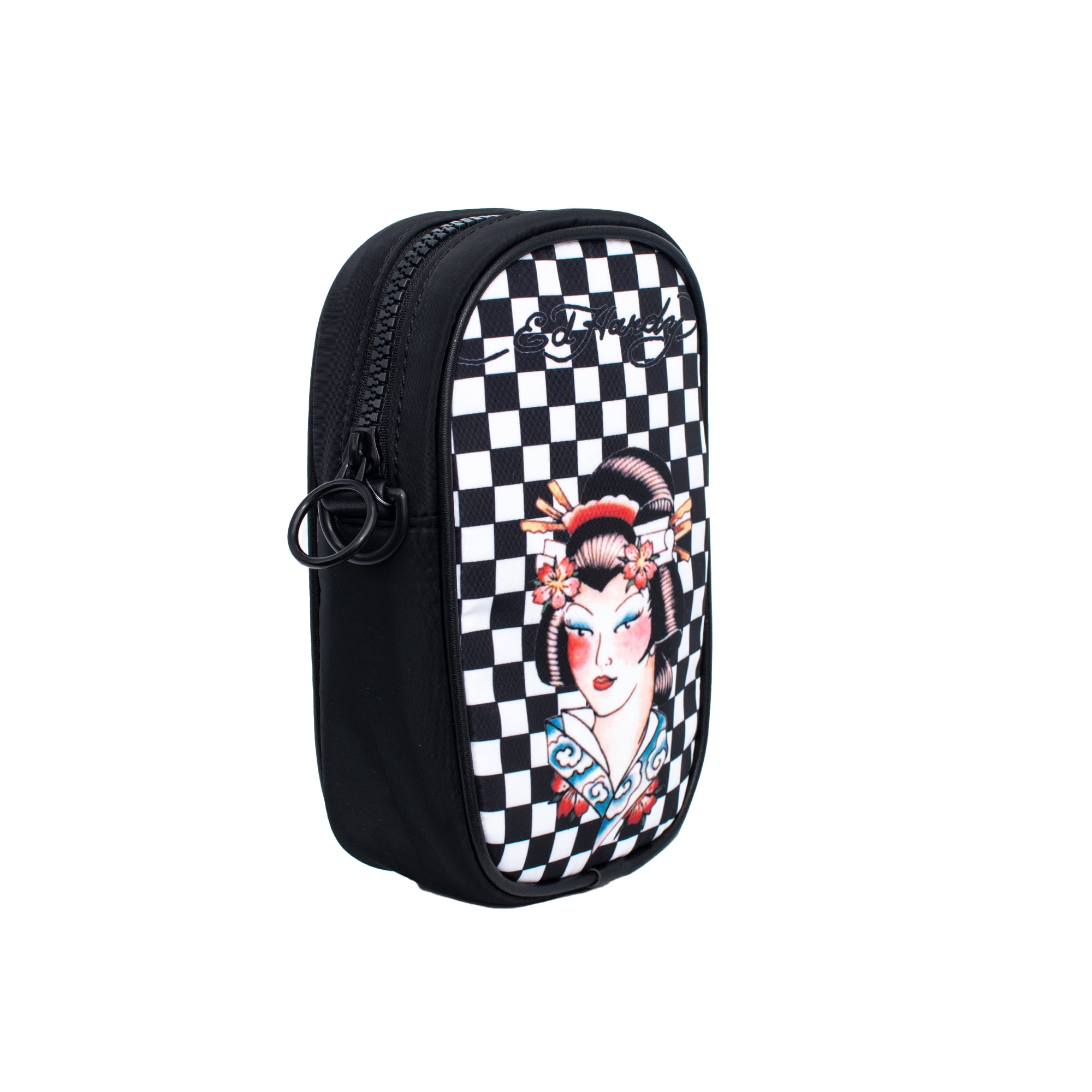 Ed Hardy Unisex Nylon Black Geisha Print Phone Crossbody Everyday Bag withAdjustable Strap