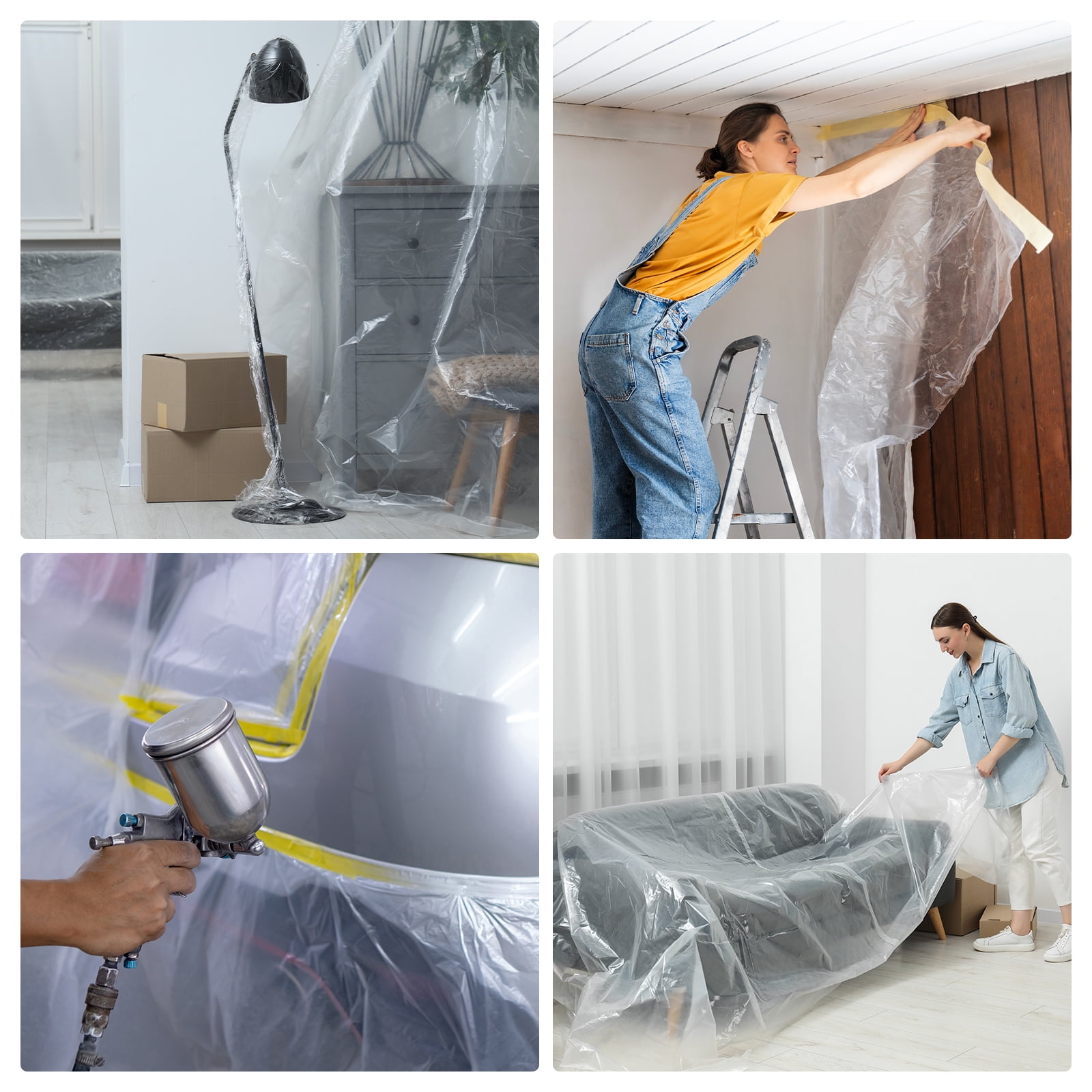 Uxcell 3 Rolls Pre-Taped Masking Film 118.1"x65.6ft Tape and Drape Painters Plastic Drop Cloth Film, Green