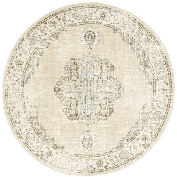 Oriental Weavers Andorra Area Rug - 303D0 - 7'10" Round - in Beige/ Ivory - Vintage Inspired, Stain Resistant, Family and Pet Friendly , Dining Room Rug