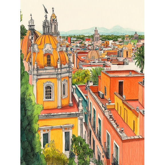 Mexican Cityscape Watercolor Painting/Canvas Print, Suitable for Living Room, Bedroom, Office, Hallway, and Dining Room Decoration.