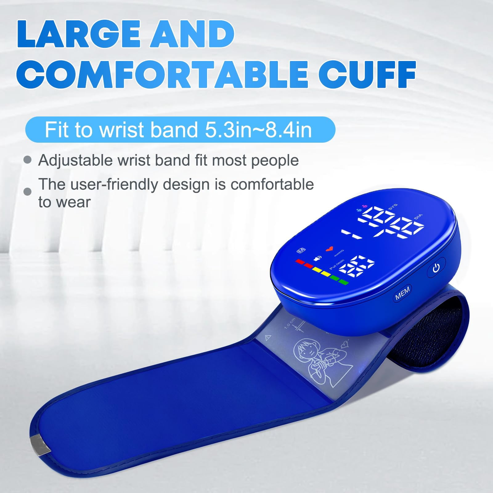 Wrist Blood Pressure Monitor, Rechargeable BP Cuff with Large LED Backlit Display, 5.3"-8.4" Adjustable Wrist Cuff, 2-User Mode, Digital Blood Pressure Machine for Home Use,Blue