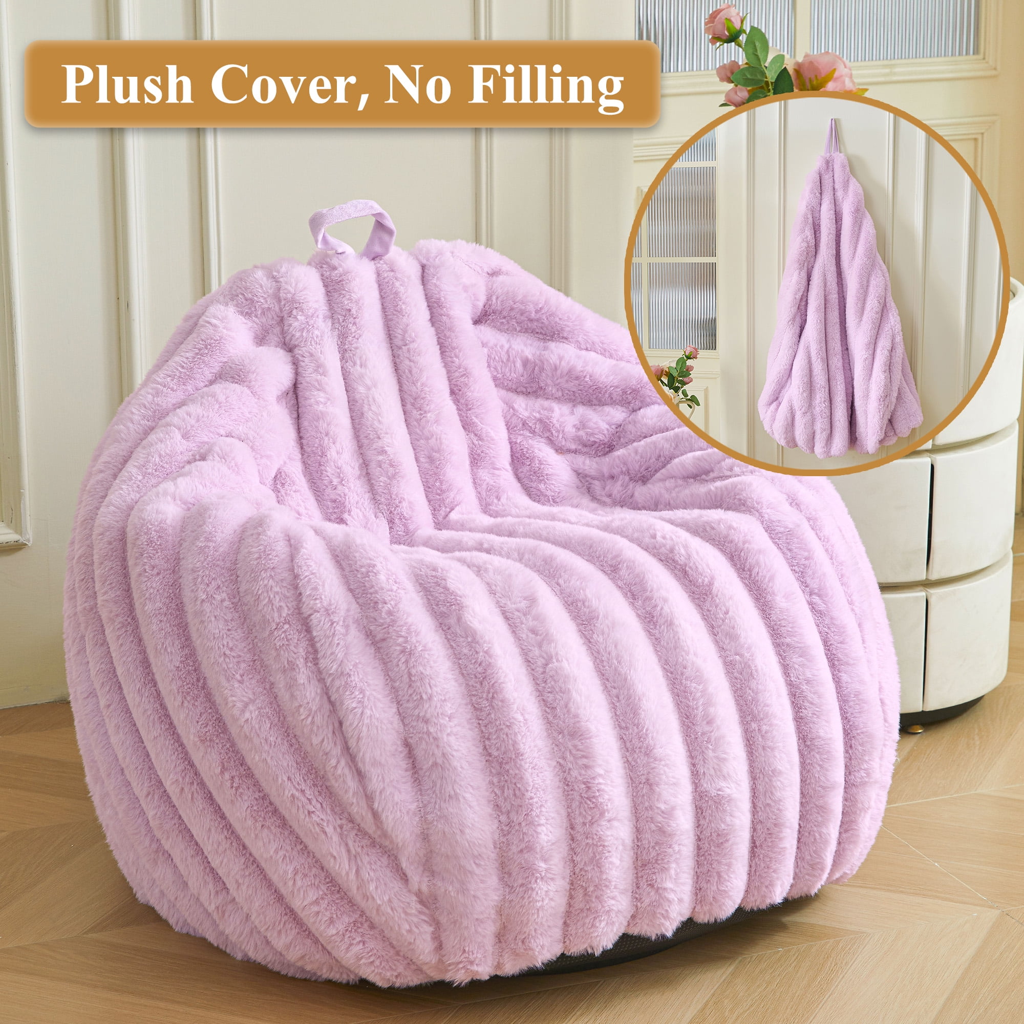 XeGe Kids Fluffy Faux Rabbit Fur Bean Bag Chair Cover(No Filler), Light Purple Plush Striped Stuffed Animal Storage Bean Bag, Fuzzy Furry Ribbed Beanbag Cover Kids Girls Adults, Anti-slip, Lavender