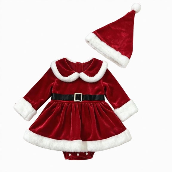 mgoYE Infant Baby Girl Christmas Outfit Santaromper Dress Long Sleeve Trim Velvet Xmas Princess Dresses(Red,18-24 Months)