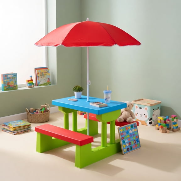 Topcobe Kids Picnic Folding Table and Bench with Umbrella, Kids Patio Furniture for Backyard, Garden-Green