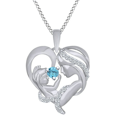 Round Cut Simulated Aquamarine & White Cubic Zirconia Mom With Child Heart Pendant Necklace In 14k White Gold Over Sterling Silver