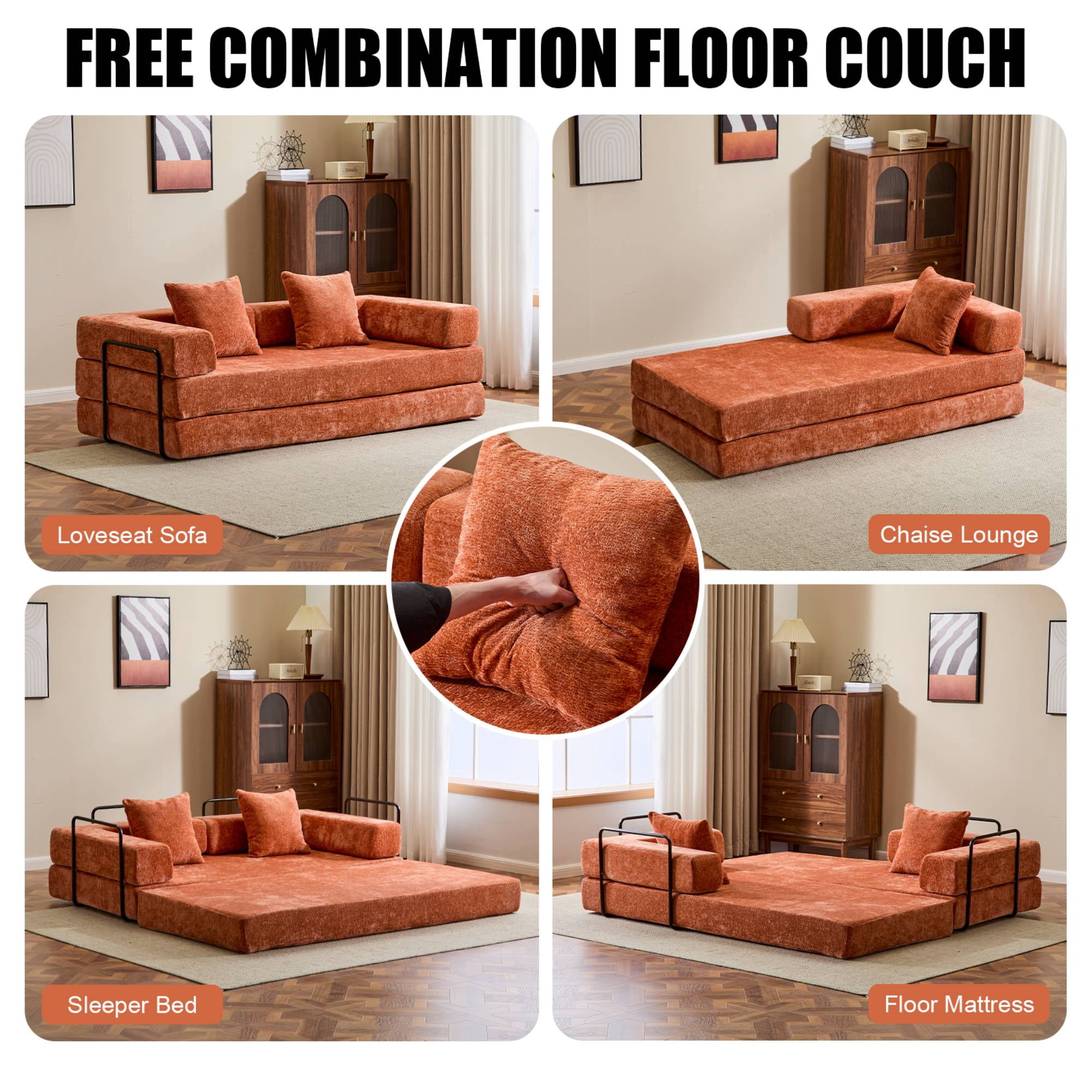 Convertible Sleeper Sofa Bed with Pillow, Corduroy Folding Mattress Floor Sofa Lounge Couch for Living Room, Bedroom, Orange