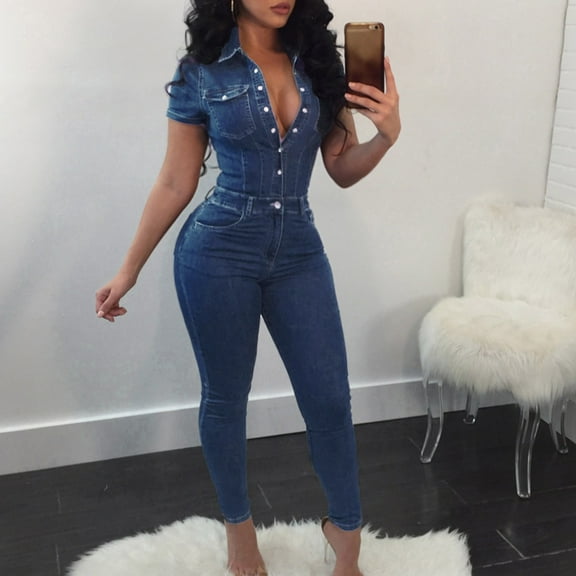 (clearance Sale)MSJUHEG Jumpsuits for Women Denim Romper Denim Jumpsuit for Women Slim Sleeve Jumpsuit Casual Women's Short Denim Women's Jumpsuit Overalls for Women Blue L